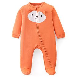 Babyhug Cotton Knit Full Sleeves Footed Sleep Suit Bear Applique - Orange