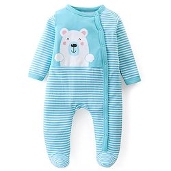 Babyhug Interlock Cotton Knit Full Sleeves Striped & Bear Print  Sleep Suit- Yellow