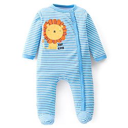 Babyhug Cotton Knit Full Sleeves Footed Sleep Suit Striped & Lion Print - Blue