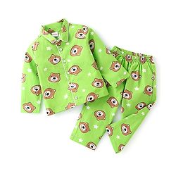 Babyhug Cotton Knit Full Sleeves Night Suit With Teddy Print - Green