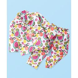 Babyhug Woven Full Sleeves Night Suit Fruits Printed - White & Pink