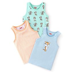 Babyhug 100% Cotton Knit Antibacterial Sleeveless Sando With Striped & Tiger Print Pack of 3 - Green Orange & Blue