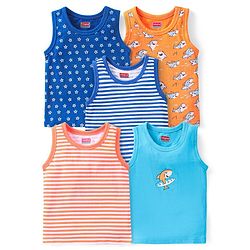 Babyhug 100 % Cotton Antibacterial Sleeveless Striped & Shark Printed Sando Pack of 5 - Blue & Orange