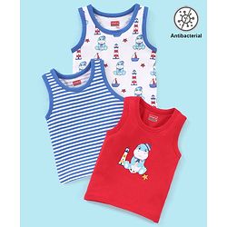 Babyhug 100% Cotton Antibacterial Sando With Dino Print Set Of 3 - White Blue & Red