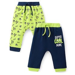 Babyhug Cotton Full Length Diaper Pants Text Print Pack of 2- Blue & Green