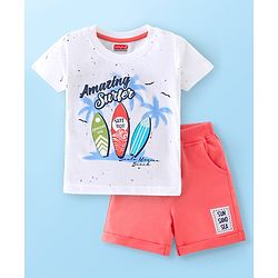 Babyhug 100% Cotton Half Sleeves T-Shirt and Shorts Set Beach Print - Peach and White