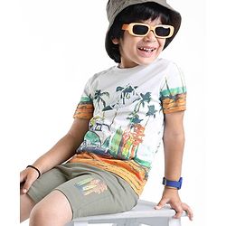 Babyhug 100% Cotton Knit Single Jersey Half Sleeves T-Shirt & Shorts Beach Theme Print - Green & White