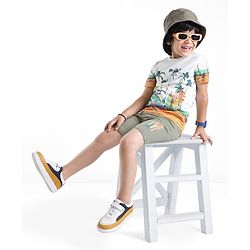 Babyhug 100% Cotton Knit Single Jersey Half Sleeves T-Shirt & Shorts Beach Theme Print - Green & White