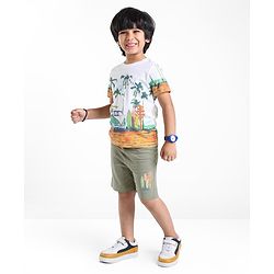 Babyhug 100% Cotton Knit Single Jersey Half Sleeves T-Shirt & Shorts Beach Theme Print - Green & White