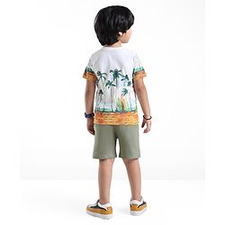 Babyhug 100% Cotton Knit Single Jersey Half Sleeves T-Shirt & Shorts Beach Theme Print - Green & White