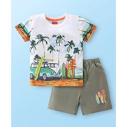 Babyhug 100% Cotton Knit Single Jersey Half Sleeves T-Shirt & Shorts Beach Theme Print - Green & White