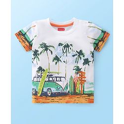 Babyhug 100% Cotton Knit Single Jersey Half Sleeves T-Shirt & Shorts Beach Theme Print - Green & White