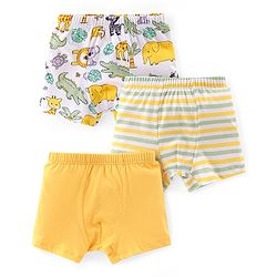 Babyhug 100% Cotton Knit Solid Stripe & Animal Print Trunk Pack of 3- White & Yellow