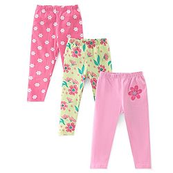 Babyhug Cotton Lycra Full Length Floral Printed Leggings Pack of 3 - Pink & Cream