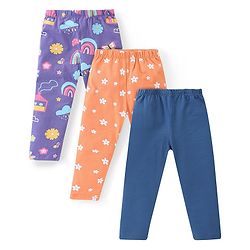 Babyhug Cotton Lycra Full Length Leggings With Stretch Floral & Rainbow Print Pack of 3 - Multicolor