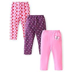 Babyhug Cotton Lycra Full Length Leggings Heart & Butterfly Print Pack of 3 - Multicolour