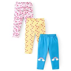 Babyhug Cotton Lycra Full Length Leggings With Heart & Floral Print Pack Of 3 - Multicolor