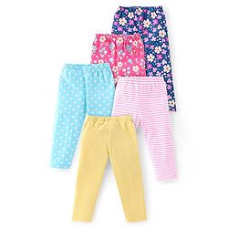 Babyhug Cotton Lycra Full Length Leggings With Floral Print & Polka Dots Print Pack Of 5 - Multicolour