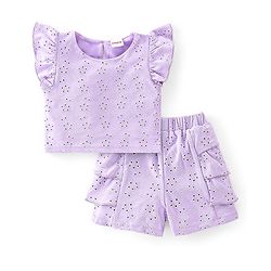 Babyhug Cotton Sleeveless Top & Shorts With Floral Embroidery - Purple