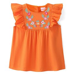 Babyhug Rayon Woven Sleeveless Top with Frill & Floral Embroidery Detailing - Orange