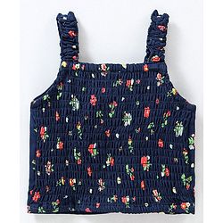 Babyhug Woven Rayon Sleeveless Top with Bow Detailing & Floral Print - Navy Blue