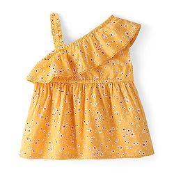 Babyhug Rayon Woven Singlet Sleeves Top with Frill & Lace Detailing Floral Print - Yellow