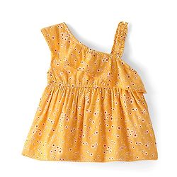 Babyhug Rayon Woven Singlet Sleeves Top with Frill & Lace Detailing Floral Print - Yellow