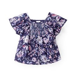 Babyhug Rayon Woven Half Sleeves Top With Smocking & Frill Detailing Floral Print - Purple
