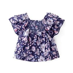 Babyhug Rayon Woven Half Sleeves Top With Smocking & Frill Detailing Floral Print - Purple