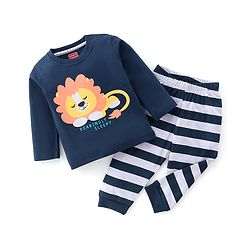 Babyhug Cotton Knit Full Sleeves Night Suit With Lion Print -Navy Blue & White