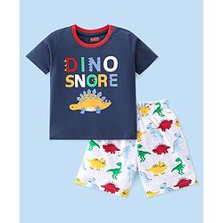 Babyhug Interlock Knit Half Sleeves Night Suit Dino Printed - Navy Blue