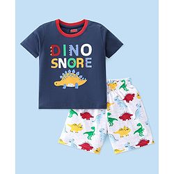 Babyhug Interlock Knit Half Sleeves Night Suit Dino Printed - Navy Blue