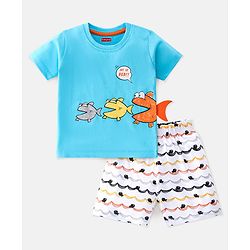 Babyhug Single Jersey Cotton Knit Half Sleeves Fish Printed Night Suit - Blue