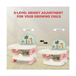 Babyhug Comfort Folding Booster Seat with 3 Point Safety Harness Built-In Cup Holder Animal Print- Pink| Adjustable Height| Easy to Install| Removable Food Tray| Washable Sear Cover