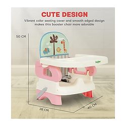 Babyhug Comfort Folding Booster Seat with 3 Point Safety Harness Built-In Cup Holder Animal Print- Pink| Adjustable Height| Easy to Install| Removable Food Tray| Washable Sear Cover