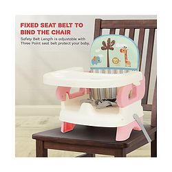 Babyhug Comfort Folding Booster Seat with 3 Point Safety Harness Built-In Cup Holder Animal Print- Pink| Adjustable Height| Easy to Install| Removable Food Tray| Washable Sear Cover