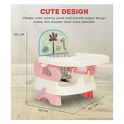Babyhug Comfort Folding Booster Seat with 3 Point Safety Harness Built-In Cup Holder Animal Print- Pink| Adjustable Height| Easy to Install| Removable Food Tray| Washable Sear Cover