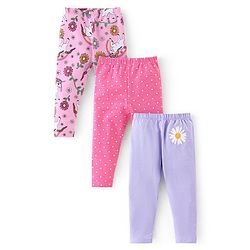 Babyhug Cotton Lycra Knit Full Length Leggings With Strech Unicorn Print Pack of 3 - Multicolor