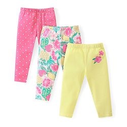 Babyhug Cotton Lycra Full Length Leggings with Floral & Polka Dots Print Pack of 3 - Pink Green & Yellow