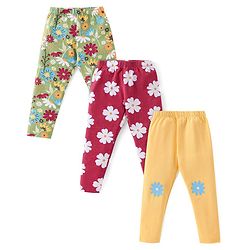 Babyhug Cotton Lycra Knit Full Length Stretchable Legging Floral Print Pack Of 3 - Green Red & Yellow