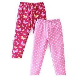 Babyhug Cotton Lycra Knit Full Length Leggings Butterfly & Dot Print Pack of 2- Multicolour