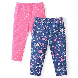 Babyhug Cotton Lycra Full Length Leggings with Floral & Polka Dots Print Pack Of 2 - Pink & Navy Blue