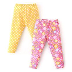 Babyhug Cotton Lycra Knit Full Length Leggings With Strech Floral Print Pack of 2 - Pink & Yellow