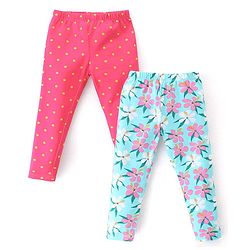 Babyhug Cotton Lycra Knit Full Length Leggings With Strech Floral Print Pack of 2 - Pink & Blue