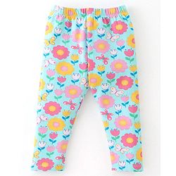 Babyhug Cotton Lycra Full Length Leggings Floral Printed - Pink & Blue