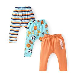 Babyhug Cotton Knit Full Length Diaper Leggings with Striped & Sports Print Pack of 3 - Blue & Orange