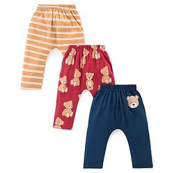 Babyhug Cotton Knit Full Length Diaper Leggings Bear Printed & Striped Pack of 3 - Red & Blue