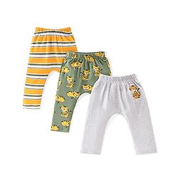 Babyhug Cotton Full Length Diaper Leggings Tiger & Stripes Print Pack Of 3- White Yellow & Green