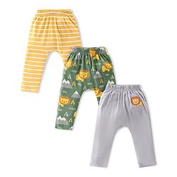 Babyhug Cotton Full Length Diaper Leggings Lion & Stripes Print Pack Of 3- White Yellow & Green