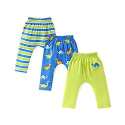 Babyhug Cotton Full Length Diaper Leggings Dino & Stripes Print Pack Of 3- Blue & Green
